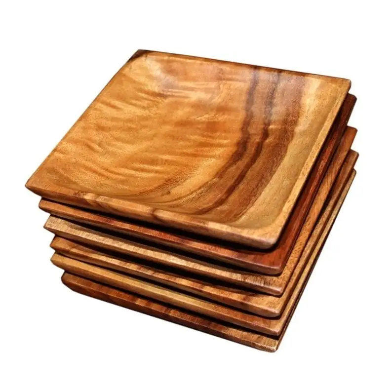 Home 6 piece 1x6x6 inches Wooden Square Acacia Plate Set