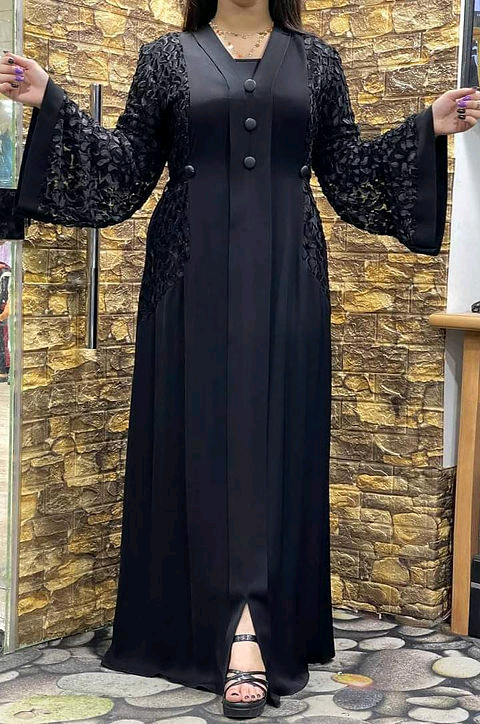 All black Abaya with button and velvet
